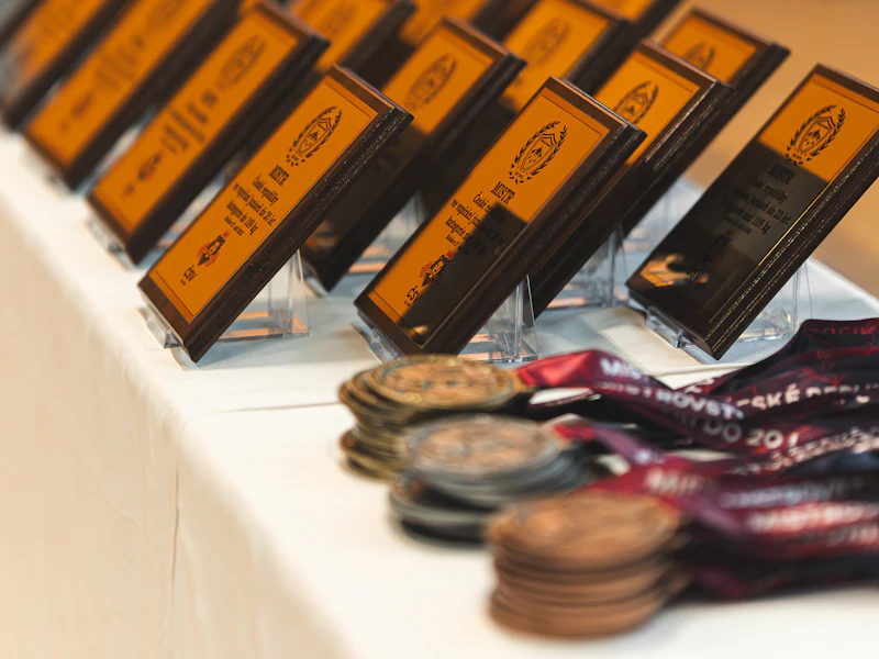 A row of engraved plaques on stands