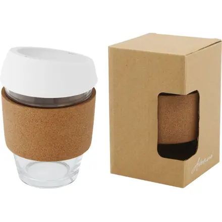 Lidan 360 ml borosilicate glass tumbler with cork grip and silicone lid - PF Concept promotional product, branded with your logo