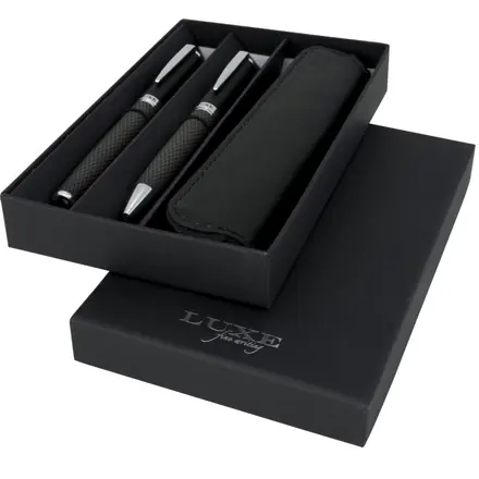 Carbon duo pen gift set with pouch (black ink) - PF Concept promotional product, branded with your logo