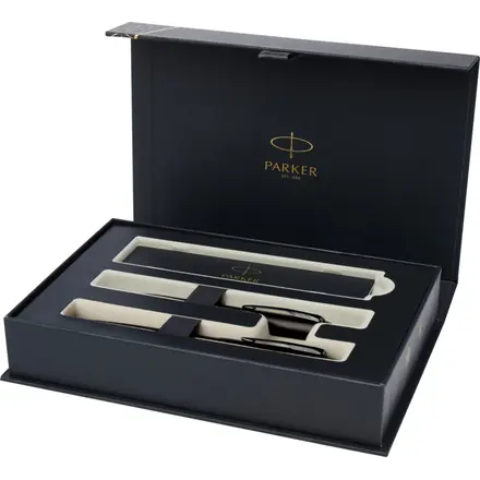Parker IM achromatic ballpoint and rollerball pen set with gift box (black/blue ink) - PF Concept promotional product, branded with your logo
