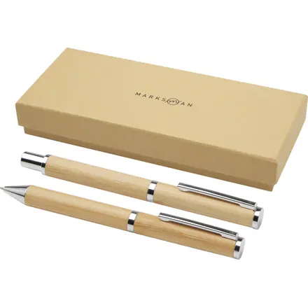 Apolys bamboo ballpoint and rollerball pen gift set (black ink) - PF Concept promotional product, branded with your logo