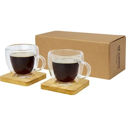 Manti 2-piece 100 ml double-wall glass cup with bamboo coaster - PF Concept promotional product, branded with your logo