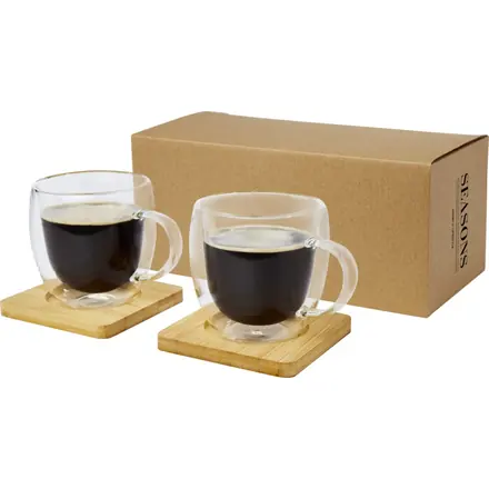 Manti 2-piece 250 ml double-wall glass cup with bamboo coaster - PF Concept promotional product, branded with your logo