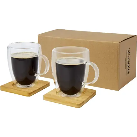Manti 2-piece 350 ml double-wall glass cup with bamboo coaster - PF Concept promotional product, branded with your logo