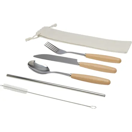 Root 5-piece stainless steel and beech wood cutlery set - PF Concept promotional product, branded with your logo