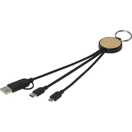 Tecta 6-in-1 recycled plastic/bamboo charging cable with keyring - PF Concept promotional product, branded with your logo