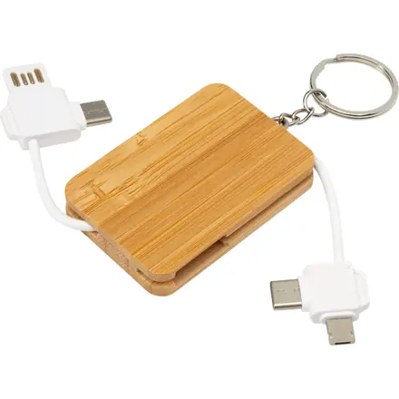 Reel 6-in-1 retractable bamboo key ring charging cable - PF Concept promotional product, branded with your logo