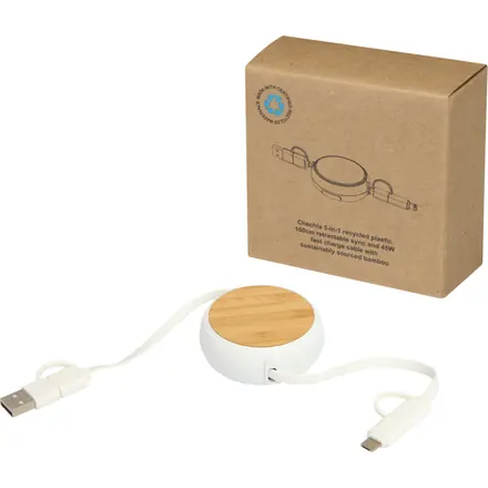 Chechia 5-in-1 recycled plastic 100 cm retractable data sync and 45W fast charge cable - PF Concept promotional product, branded with your logo