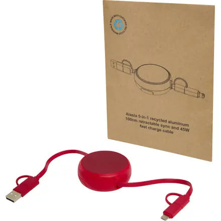 Alasia 5-in-1 100 cm recycled plastic and aluminium retractable data sync and 45W fast charge cable - PF Concept promotional product, branded with your logo