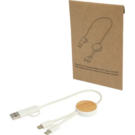 Chechia 5-in-1 recycled plastic 30 cm data sync and 27W fast charge cable with bamboo details - PF Concept promotional product, branded with your logo