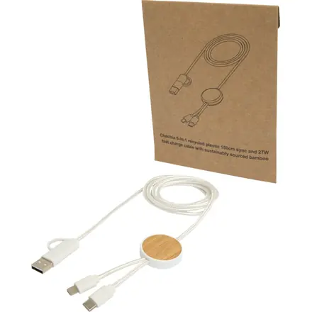 Chechia 5-in-1 recycled plastic 150 cm data sync and 27W fast charge cable with bamboo details - PF Concept promotional product, branded with your logo