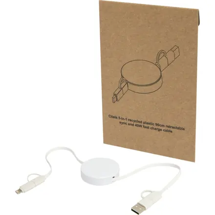 Citala 5-in-1 recycled plastic 90 cm retractable data sync and 40W fast charge cable - PF Concept promotional product, branded with your logo