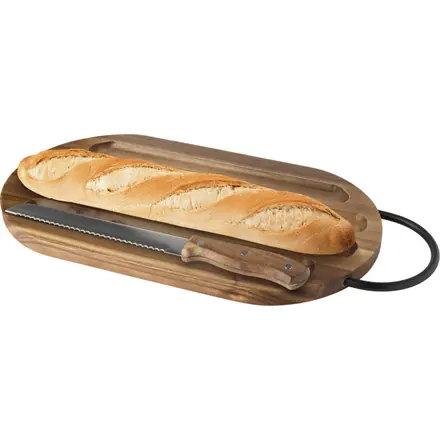 Prestige acacia wood chopping board with bread knife - PF Concept promotional product, branded with your logo
