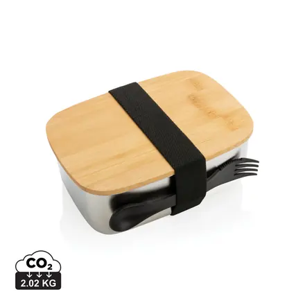 Stainless steel lunchbox with bamboo lid and spork - XD Connects promotional product, branded with your logo