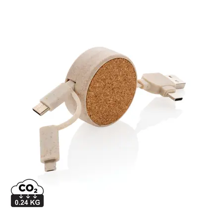 Cork and Wheat 6-in-1 retractable cable - XD Connects promotional product, branded with your logo