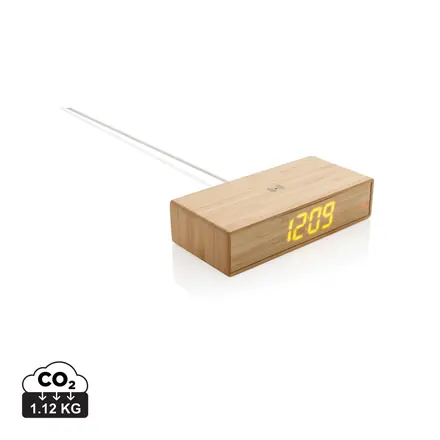 Bamboo alarm clock with 5W wireless charger - XD Connects promotional product, branded with your logo