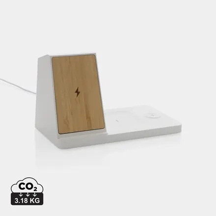 Ontario recycled plastic & bamboo 3-in-1 wireless charger - XD Connects promotional product, branded with your logo