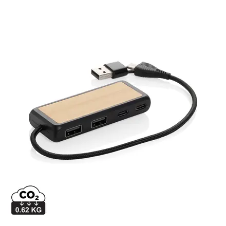 Link RCS recycled plastic and bamboo dual Input USB hub - XD Connects promotional product, branded with your logo