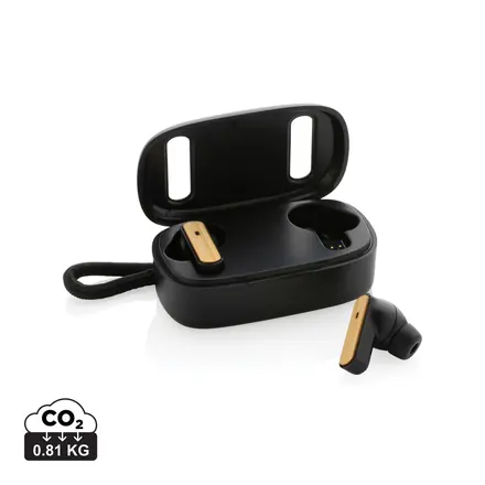 RCS recycled plastic & bamboo TWS earbuds - XD Connects promotional product, branded with your logo