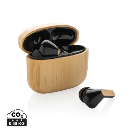 Bamboo TWS earbuds with RCS recycled plastic - branded promotional product