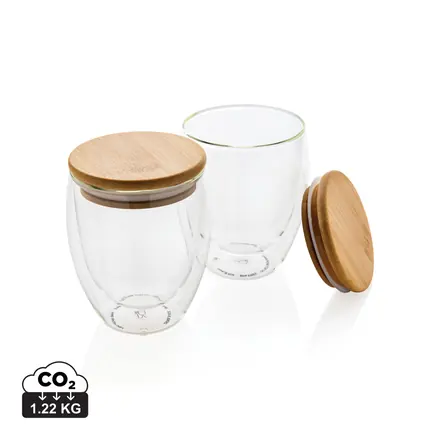 Double wall borosilicate glass with bamboo lid 250ml 2pc set - XD Connects promotional product, branded with your logo