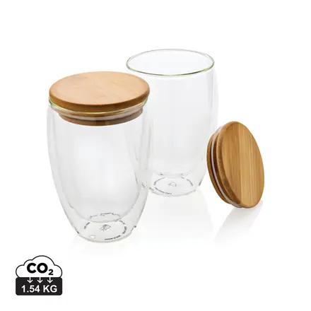 Double wall borosilicate glass with bamboo lid 350ml 2pc set - XD Connects promotional product, branded with your logo