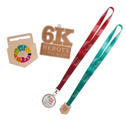 Custom Shaped Wooden Medal with RPET Lanyard - branded promotional product