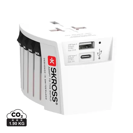 SKROSS World Travel Adapter MUV 2-pole with USB A and C - XD Connects promotional product, branded with your logo