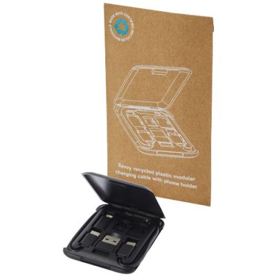 Savvy recycled plastic modular charging cable with phone holder