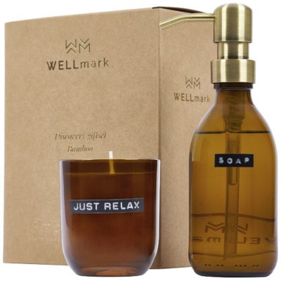 Wellmark Discovery 200 ml hand soap dispenser and 150 g scented candle set – bamboo fragrance