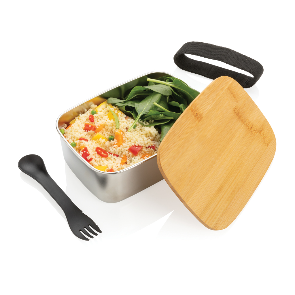 Stainless steel lunchbox with bamboo lid and spork Stainless steel lunchbox with bamboo lid and spork