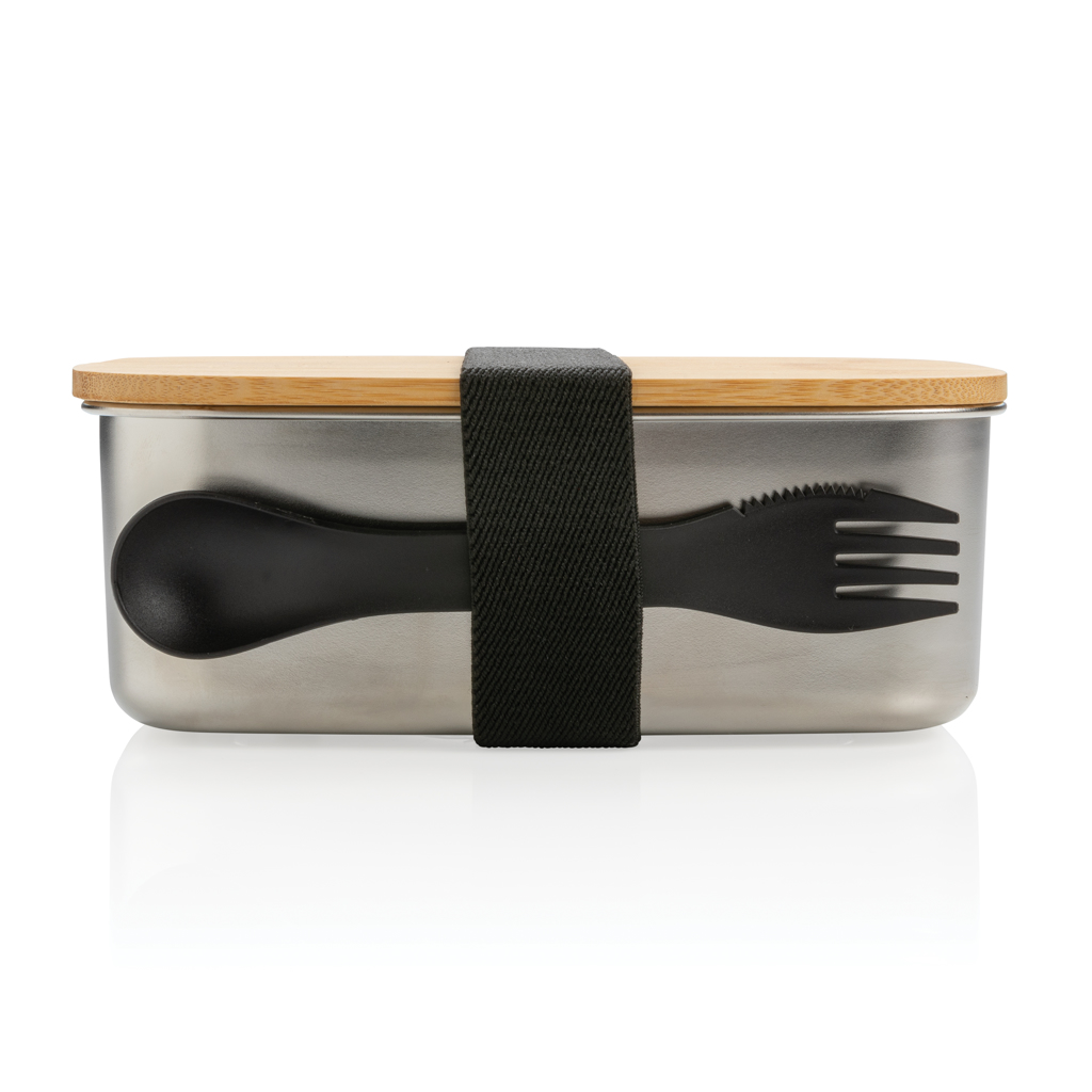 Stainless steel lunchbox with bamboo lid and spork Stainless steel lunchbox with bamboo lid and spork