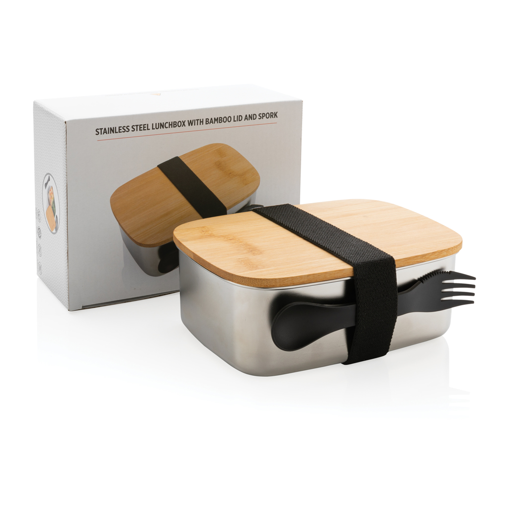Stainless steel lunchbox with bamboo lid and spork Stainless steel lunchbox with bamboo lid and spork
